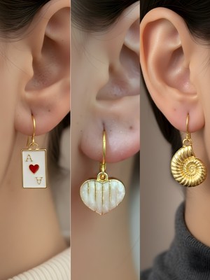 NKT Collection Deniz Kabuğu Beyaz Kalp Kupa As Sembol Figürlü 3’lü Kadın Küpe Set