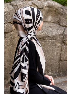 Vissona %100 Ipek Yelpaze Desenli Bej - Siyah Renkli 92X210 Şal