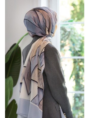 Vissona 100% Ipek Mermer Desenli Bej - Gri Renkli Şal