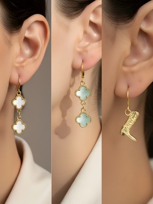 NKT Collection Kovboy Çizmesi Turkuaz Yonca Beyaz Yonca Sembol Figürlü 3’lü Kadın Küpe Set