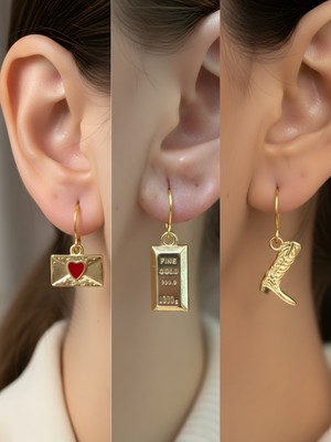 NKT Collection Kovboy Çizmesi Külçe Altın Kalp Zarf Sembol Figürlü 3’lü Kadın Küpe Set