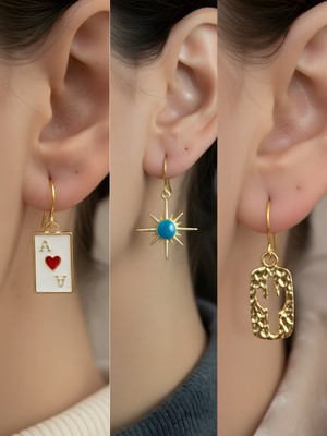 NKT Collection Kaktüs Mavi Kutup Yıldızı Kupa As Sembol Figürlü 3’lü Kadın Küpe Set