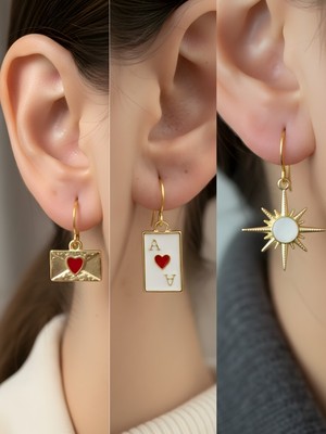 NKT Collection Beyaz Kutup Yıldızı Kupa As Kalp Zarf Sembol Figürlü 3’lü Kadın Küpe Set