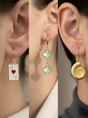 NKT Collection Deniz Kabuğu Turkuaz Yonca Kupa As Sembol Figürlü 3’lü Kadın Küpe Set