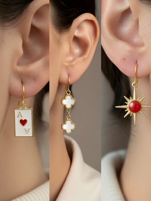 NKT Collection Beyaz Yonca Kırmızı Kutup Yıldızı Kupa As Sembol Figürlü 3’lü Kadın Küpe Set