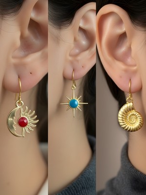 NKT Collection Deniz Kabuğu Mavi Kutup Yıldızı Ay Güneş Sembol Figürlü 3’lü Kadın Küpe Set