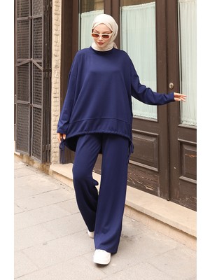 Bağcık Detaylı Tesettür Pantolonlu Takım 2175-01 Lacivert