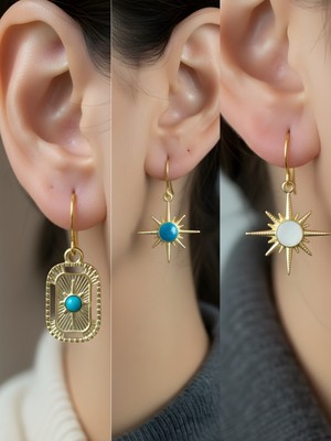 NKT Collection Beyaz Kutup Yıldızı Mavi Kutup Yıldızı Tablet Kutup Yıldızı Sembol Figürlü 3’lü Kadın Küpe Set