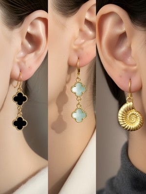 NKT Collection Deniz Kabuğu Siyah Yonca Turkuaz Yonca Sembol Figürlü 3’lü Kadın Küpe Set