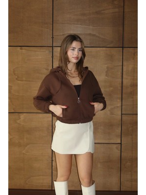 OEY Fashions 3 Iplik Şardonlu Kapşonlu Fermuarlı Kısa Üst Kahve PAT8590