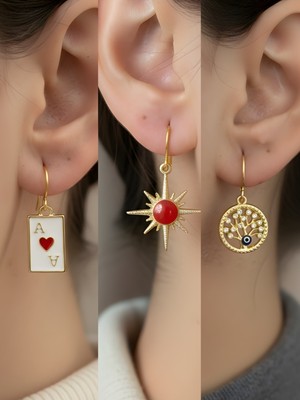 NKT Collection Kırmızı Kutup Yıldızı Hayat Ağacı Kupa As Sembol Figürlü 3’lü Kadın Küpe Set