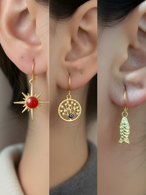 NKT Collection Balık Kırmızı Kutup Yıldızı Hayat Ağacı Sembol Figürlü 3’lü Kadın Küpe Set