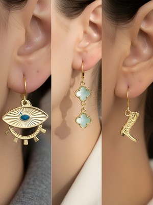 NKT Collection Kovboy Çizmesi Turkuaz Yonca Göz Sembol Figürlü 3’lü Kadın Küpe Set