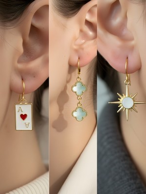 NKT Collection Beyaz Kutup Yıldızı Turkuaz Yonca Kupa As Sembol Figürlü 3’lü Kadın Küpe Set