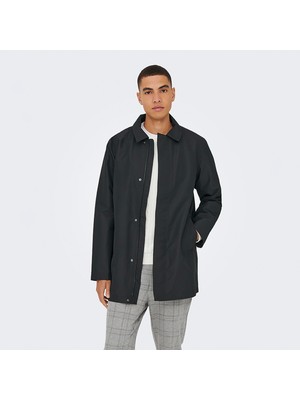 Only & Sons Erkek Siyah Klasik Yaka Hall Coat Uzun Kol Dokuma Kaban Regular Fit