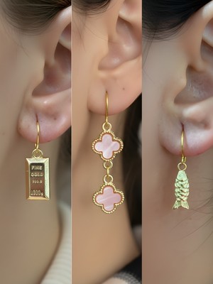 NKT Collection Balık Pembe Yonca Külçe Altın Sembol Figürlü 3’lü Kadın Küpe Set