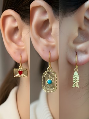 NKT Collection Balık Tablet Kutup Yıldızı Kalp Zarf Sembol Figürlü 3’lü Kadın Küpe Set