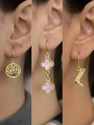 NKT Collection Kovboy Çizmesi Pembe Yonca Hayat Ağacı Sembol Figürlü 3’lü Kadın Küpe Set