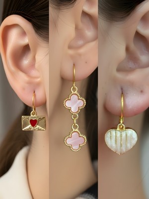 NKT Collection Beyaz Kalp Pembe Yonca Kalp Zarf Sembol Figürlü 3’lü Kadın Küpe Set