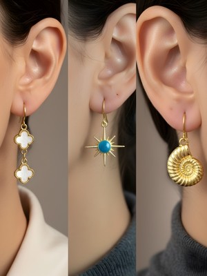 NKT Collection Deniz Kabuğu Mavi Kutup Yıldızı Beyaz Yonca Sembol Figürlü 3’lü Kadın Küpe Set