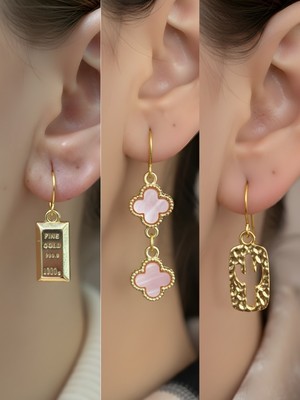 NKT Collection Kaktüs Pembe Yonca Külçe Altın Sembol Figürlü 3’lü Kadın Küpe Set