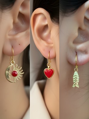 NKT Collection Balık Kırmızı Kalp Ay Güneş Sembol Figürlü 3’lü Kadın Küpe Set