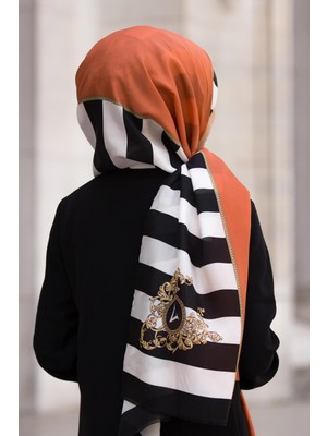 Vissona %100 Ipek Çizgili ve Varak Desenli Turuncu - Siyah Renkli 92X210 Şal