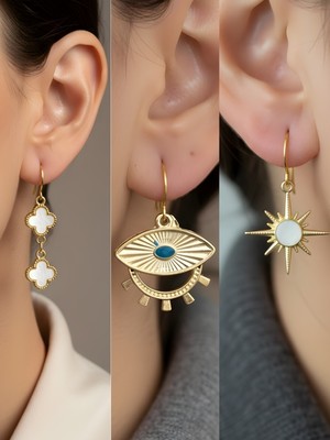 NKT Collection Beyaz Kutup Yıldızı Göz Beyaz Yonca Sembol Figürlü 3’lü Kadın Küpe Set