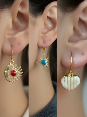 NKT Collection Beyaz Kalp Mavi Kutup Yıldızı Ay Güneş Sembol Figürlü 3’lü Kadın Küpe Set