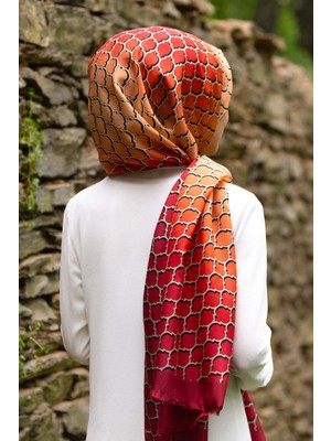 Vissona %100 Ipek Petek Desenli Kırmızı - Turuncu Renkli 92X210 Şal