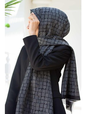 Vissona % 100 Ipek Etnik Desenli Siyah - Krem Renkli Şal