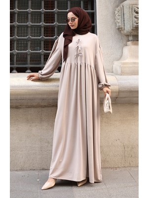 Bağcık Detaylı Rahat Kesim Tesettür Elbise 2171-01 Vizon