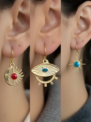 NKT Collection Mavi Kutup Yıldızı Göz Ay Güneş Sembol Figürlü 3’lü Kadın Küpe Set