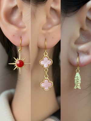 NKT Collection Balık Pembe Yonca Kırmızı Kutup Yıldızı Sembol Figürlü 3’lü Kadın Küpe Set