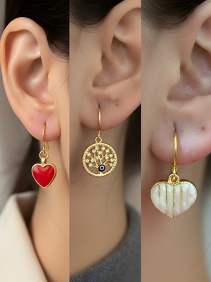 NKT Collection Beyaz Kalp Hayat Ağacı Kırmızı Kalp Sembol Figürlü 3’lü Kadın Küpe Set