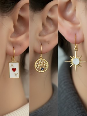 NKT Collection Beyaz Kutup Yıldızı Hayat Ağacı Kupa As Sembol Figürlü 3’lü Kadın Küpe Set