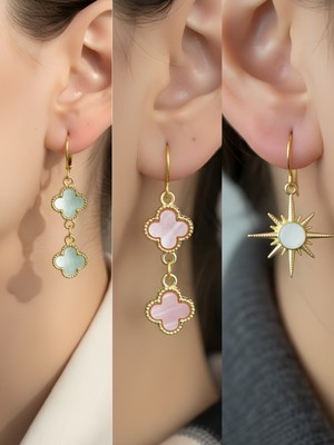 NKT Collection Beyaz Kutup Yıldızı Pembe Yonca Turkuaz Yonca Sembol Figürlü 3’lü Kadın Küpe Set