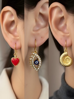 NKT Collection Deniz Kabuğu Nazar Göz Kırmızı Kalp Sembol Figürlü 3’lü Kadın Küpe Set