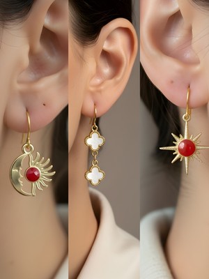 NKT Collection Beyaz Yonca Kırmızı Kutup Yıldızı Ay Güneş Sembol Figürlü 3’lü Kadın Küpe Set