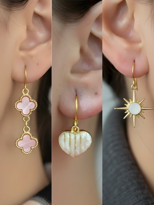 NKT Collection Beyaz Kutup Yıldızı Beyaz Kalp Pembe Yonca Sembol Figürlü 3’lü Kadın Küpe Set