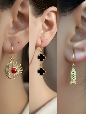 NKT Collection Balık Siyah Yonca Ay Güneş Sembol Figürlü 3’lü Kadın Küpe Set