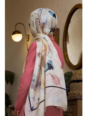 Vissona %100 Ipek Suluboya Çiçek Desenli Bej - Gül Kurusu Renkli 92X210 Şal