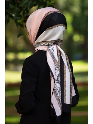 Vissona %100 Ipek Çizgili Desenli Pudra - Siyah Renkli 92X210 Şal