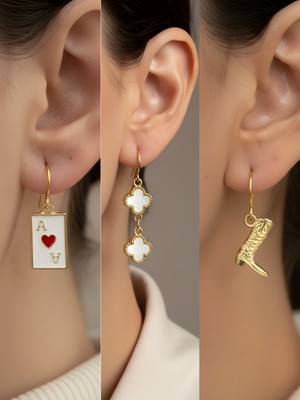 NKT Collection Kovboy Çizmesi Beyaz Yonca Kupa As Sembol Figürlü 3’lü Kadın Küpe Set