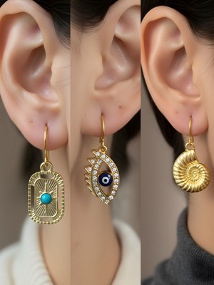 NKT Collection Deniz Kabuğu Tablet Kutup Yıldızı Nazar Göz Sembol Figürlü 3’lü Kadın Küpe Set