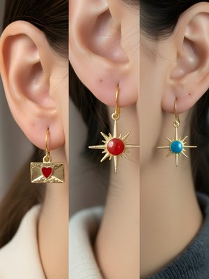 NKT Collection Mavi Kutup Yıldızı Kırmızı Kutup Yıldızı Kalp Zarf Sembol Figürlü 3’lü Kadın Küpe Set