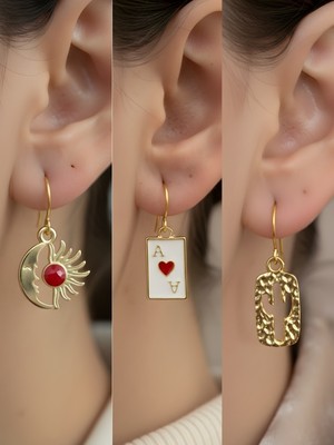 NKT Collection Kaktüs Kupa As Ay Güneş Sembol Figürlü 3’lü Kadın Küpe Set