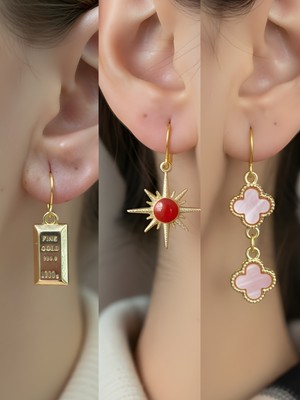 NKT Collection Pembe Yonca Kırmızı Kutup Yıldızı Külçe Altın Sembol Figürlü 3’lü Kadın Küpe Set