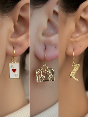 NKT Collection Kovboy Çizmesi Bavul Kupa As Sembol Figürlü 3’lü Kadın Küpe Set