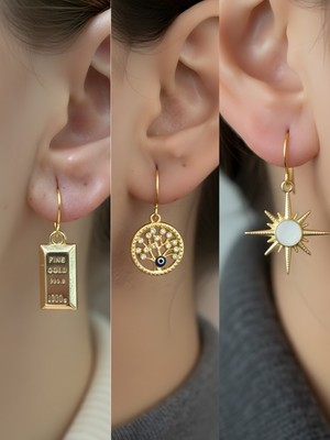 NKT Collection Beyaz Kutup Yıldızı Hayat Ağacı Külçe Altın Sembol Figürlü 3’lü Kadın Küpe Set